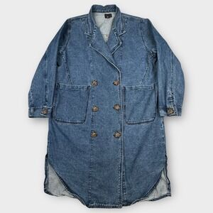 Forever 21 Denim Coat Womens L Blue Double Breasted Pocket Trench‎ Duster Jacket